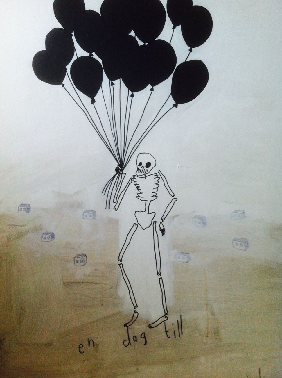 Tecknad gestalt under ett knippe svarta ballonger